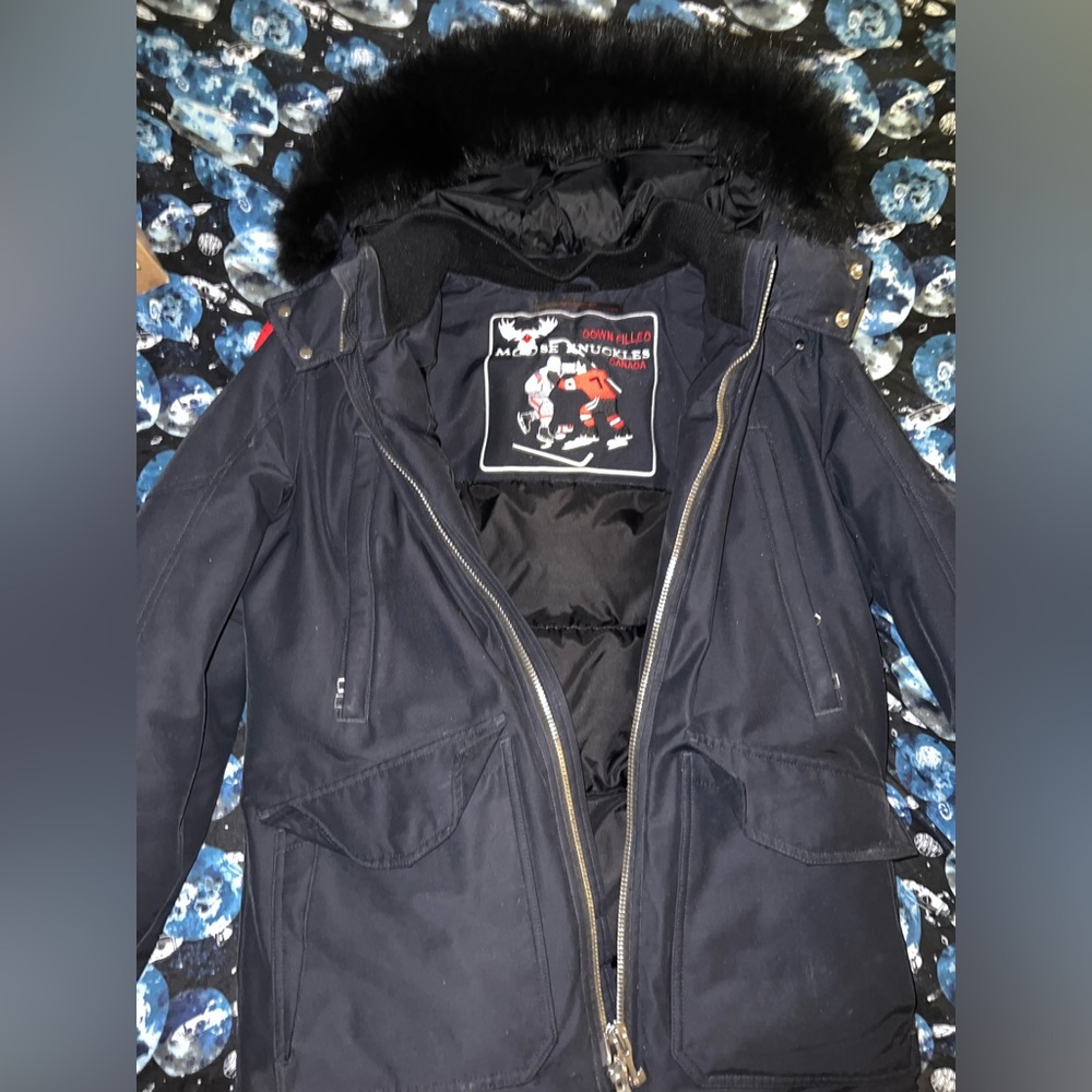 Moose Knuckles Navy Puffer Jacket with Black Fur Hood